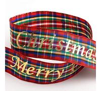 Italian Options Merry Christmas Tartan/Gold Foil Ribbon - 25mm x 10M - Red