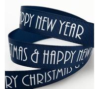 Italian Options Navy Merry Christmas Happy New Year Grosgrain Ribbon, Christmas Ribbon for Crafts, Gift Wrapping, Wreaths, Tree Decorations, Hair Bows, Navy, 16 mm x 5 Metre Roll