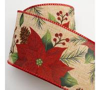Italian Options Poinsettia Natural Linen Wired Ribbon, Wide Christmas Hessian Ribbon for Crafts, Gift Wrapping Accessories, Wreaths, Tree Decorations, Burlap Fabric, Natural, 63 mm x 10 Metre Roll