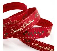 Italian Options Red/Gold Merry Christmas Holly Grosgrain Ribbon, Christmas Ribbon for Crafts, Gift Wrapping, Wreaths, Decorations, Hair Bows, Red, Gold Foil, 16 mm x 5 Metre Roll