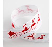 Italian Options Christmas Grosgrain Ribbon - White & Red - Santa Sledge Sleigh Reindeer - 16mm x 5m