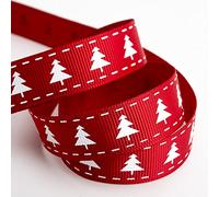 Italian Options Scarlet Grosgrain Christmas Tree Ribbon, Red Christmas Ribbon for Crafts, Gift Wrapping, Wreaths, Decorations, Hair Bows, Scarlet, White Tree Print, 16 mm x 5 Metre Roll
