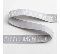Merry Christmas Happy New Year Grosgrain Ribbon 16mm x 5M - Silver