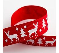 Italian Options Stag Christmas Grosgrain Ribbon, Red Christmas Ribbon for Crafts, Gift Wrapping, Wreaths, Tree Decorations, Hair Bows, Red, 16 mm x 5 Metre Roll
