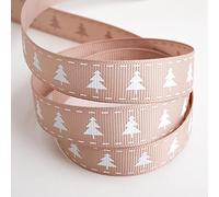 Italian Options Taupe Grosgrain Christmas Tree Ribbon, Christmas Ribbon for Crafts, Gift Wrapping, Wreaths, Decorations, Hair Bows, Taupe, White Tree Print, 16 mm x 5 Metre Roll