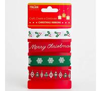 Italian Options Traditional Christmas Ribbons for Gift Wrapping, Assorted Grosgrain Ribbon for Crafts, Wreaths, Tree Decorations, Cards, Fabric Ribbon in Red, Green, 4 Xmas Designs, 16 mm x 2M (8M)