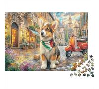 Italian Puppy Paperboard Corgi on Italian Street with Scooter Classic Jigsaw Puzzle Interactive Boredom Buster 70x50cm/1000pcs