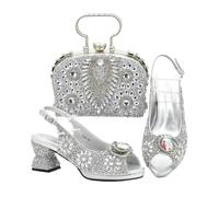 Italian Rhinestone Women's Shoe and Bag Set Nigerian Style High Heels with Crystal Handbag for Dresses Weddings Silver