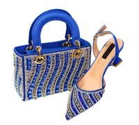 Italian Rhinestone Women's Shoe and Bag Set Nigerian Style High Heels with Matching Mini Handbag for Parties Blue