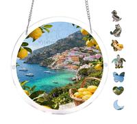 Italian Riviera Coastal Landscape 7.8x7.8in Round Acrylic Hanging Puzzle | Creative Home Accent with Visual Appeal