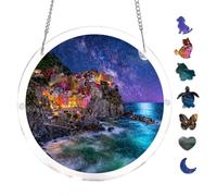 Italian Riviera Manarola Cliffside Town at Night 7.8x7.8Inch Round Acrylic Puzzle Unique Shape Scenic Wall Art Home Decoration Hanging Ornament Relaxing Creative Activity
