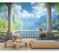 Italian Roman Columns Mural Wallpaper 100x70cm Natural Scenery Wall Mural Lake Mountains Bedroom Wallpaper Italy Wall Decor (Not Peel n' Stick)