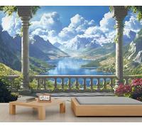 Italian Roman Columns Wall Mural 200x140cm Lake Mountains Mural Natural Scenery Wallpaper for Living Room Bedroom Italy Landscape Wall Decor (Not Peel n' Stick)