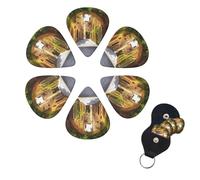 Italian Street Guitar Picks 6 Pack, 0.46mm Thickness Celluloid Bass Pick with Leather Guitar Pick Holder Keychain Abstract Art Pics Plectrum for Acoustic Electric Guitar, Ukulele, Bass