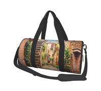 Italian Street Large Round Travel Duffle Bag, Full-Print Canvas Weekender with Padded Lining, Multiple Pockets,Detachable Shoulder Strap and Soft Leather Handles