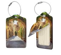 Italian Street Luggage Tag PU Leather Suitcase Tags Identifiers Travel Tags with Privacy Protection and Stainless Steel Loop Luggage Bag Tag for Women Men, Black, 4 pcs
