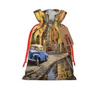 Italian Street Print Christmas Drawstring Gift Bags With Cards For Xmas Party Decorations Holiday