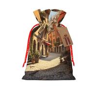 Italian Street Print Christmas Drawstring Gift Bags With Cards For Xmas Party Decorations Holiday