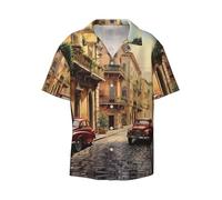 Italian Street Print Men's Lightweight Stylish Classic Cuban Collar Style Short Sleeve Practical Pocket, Black, XL