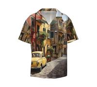 Italian Street Print Men's Lightweight Stylish Classic Cuban Collar Style Short Sleeve Practical Pocket, Black, XL