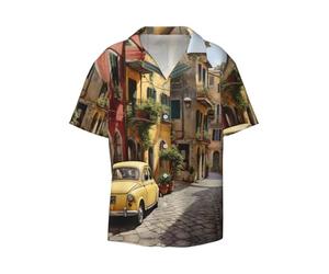 Italian Street Print Men's Lightweight Stylish Classic Cuban Collar Style Short Sleeve Practical Pocket, Black, XL