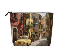 Italian Street Print Portable and Durable Makeup Bag with Zip Closure Made from Imitation Hemp Fabric