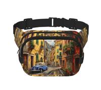 Italian Street Print Trendy pack crossbod Square Double Layer Waist Bag Travel and Workout Accessory, Black, One Size