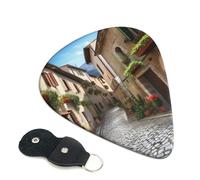 Italian Town Street Guitar Picks 6 Pack with Leather Guitar Pick Holder Keychain, Plectrum Key Fob Cases Bag, Abstract Art Plectrum for Acoustic Electric Guitar, Ukulele 0.71mm