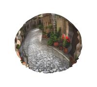 Italian Town Street Shower Cap for Women Men Large Reusable Shower Bonnet Double-Layer Waterproof Bath Caps Elastic Band Hair Hat for All Hairstyles, Travel-Friendly
