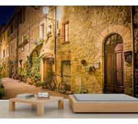 Italian Village Mural Rustic Street Wall Murals European Night City Mural Wallpaper City Building Landscape Wallpaper Vintage Bedroom Murals for Dining Room 150 x 100 cm