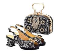 Italian Women's Wedge Shoe and Bag Set Rhinestone Decorated Heels with Matching Handbag for Nigerian Parties Black