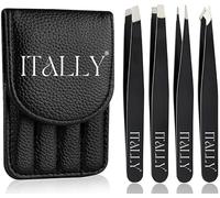 Itally 4pcs Tweezers Set - Professional Eyebrows Tweezers - Premium Stainless Steel - Great Precision for any Facial Hair, Splinter, Blackhead & Ingrown Hair Removal (Black)