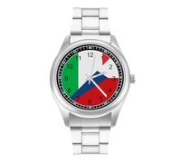 Italy and Czech Flag Men's Steel Strap Watch Easy Reader Casual Silver Dial Fashion Analog Watches