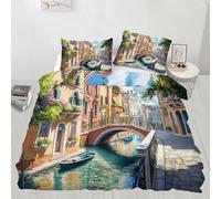 Italy Bedding King Size, Venetian Canals Duvet King Size European Streets Comforter Cover with 2 Pillow Sham, Bedroom Decor and Zipper Closure