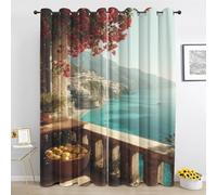 Italy Blackout Curtains, Tuscany Mediterranean Mountains seascape Eyelet Curtain, Living Room Bedroom Home Decor Polyester Window Curtains & Drapes, 42 x 63 Inch Drape 2 Panels