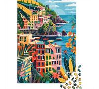 Italy Cinque Terre Minimalist Illustration 1000-Piece Puzzle for Adults, 52x38cm/1000pcs; A Practical Gift for Quiet Leisure Time; Low-dust White Cardboard Pieces