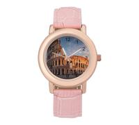 Italy Colo-sseum in R-ome Women's Leather Watch Easy Reader Minimalist Wristwatch Pink Rose Gold Strap Watches