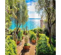 Italy Garden Scene Shower Curtain 3D Green Italian Outdoor Blue Ocean View Bathroom Curtains Set with Hooks 60X72inch