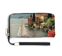 Italy Lake Como Landscape Leather Wallet Fashion Purse Long Pouch with Wrist Strap for Men Women