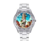 Italy Landmark Pisa Tower Watch Simple Wrist Watch Stainless Steel Band Analog Quartz Watches for Women Men