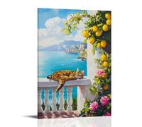 Italy Lemon Landscape Canvas Wall Art, Watercolor Coastal Lemon Tree with Flowers & Cute Cat Artwork Hanging Paintings Poster Summer Aesthetic Decor for Living Room Bedroom Kitchen Entryway Home 20x30