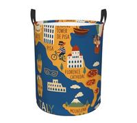 Italy Map With Cultural Symbo Printing Comfy Circular Standable Laundry Hamper With Handles,Perfect For Bedroom,Storage,Home Decor