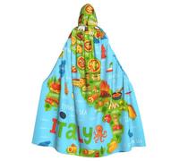 Italy Map With Food Icons Print Adults Hooded Cloak, Halloween Robe Hooded Cape Witch Wizard Cosplay Costumes For Men Women