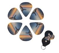 Italy Sea at Sunset Guitar Picks 6 Pack, 0.46mm Thickness Celluloid Bass Pick with Leather Guitar Pick Holder Keychain Abstract Art Pics Plectrum for Acoustic Electric Guitar, Ukulele, Bass