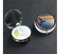 Italy Sea at Sunset Pill Box with Mirror 3 Compartment Decorative Pill Case for Purse or Pocket Small Round Pill Organizer Weekly Metal Medicine Tablet Vitamin Holder Travel Gift