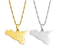 Italy Sicily Map Cities Name Pendant Necklace Italian Sicilia Chain Necklace, 45cm Thin Chain, Copper, Agate