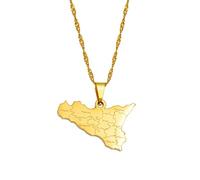 Italy Sicily Map Cities Name Pendant Necklace Italian Sicilia Chain Necklace, 60cm Thin Chain, Copper, Agate