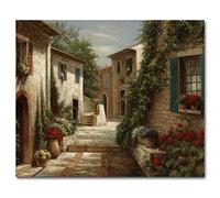 Italy Town Painting Tuscany Wall Art Streets of Mediterranean Towns Canvas Prints Landscape Picture Framed Ready to Hang Farmhouse Decor 20 x 24 Inch