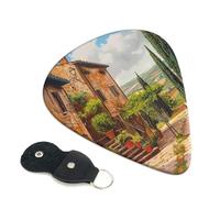 Italy Tuscan Printed Guitar Picks, 6 Pack with Leather Keychain Pick Holder - 0.46mm, 0.71mm, 0.96mm Assorted Thickness for Acoustic Ukulele, Electric Guitar, Acoustic Guitar, Bass