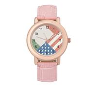 Italy U.S. Flag Classic Watches for Women Pink Leather Strap Trendy Quartz Watch for Small Wrists